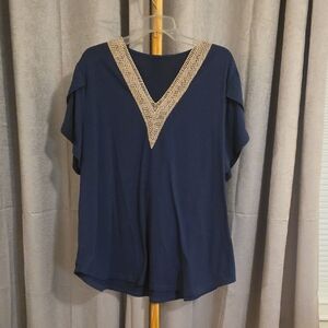 BloomChic Navy Blue Top with Gold V-Neck Accent